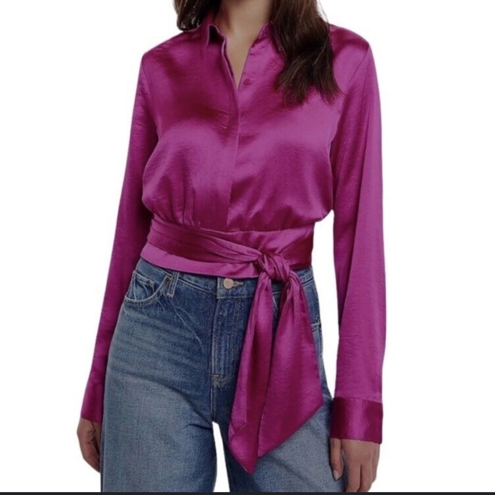 Express Women's Purple Satin Tie-Front Blouse